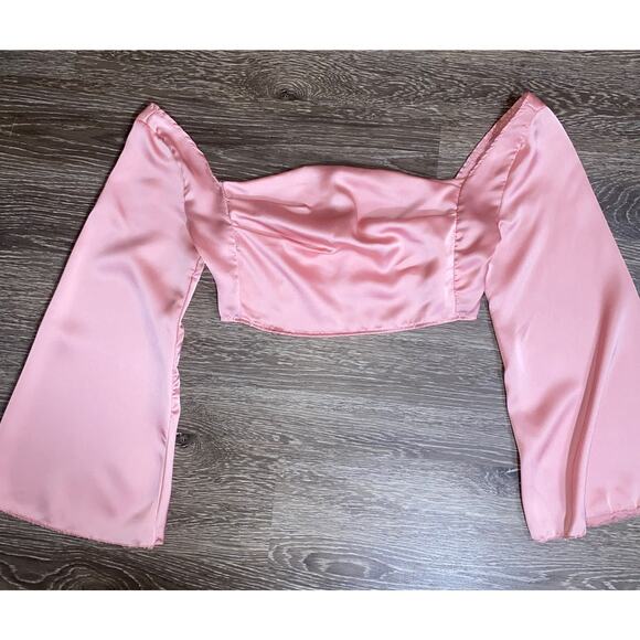 New Pink 10 Large Silk Satin Long Sleeve Square Neck Cowl Crop Top Blouse Ruched - Picture 3 of 4